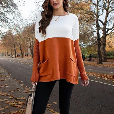 China Anti-pilling Casual Sweater Color Block Knit Pullover Off Shoulder Jumper Tops Comfortable Sweater With Pocket for sale