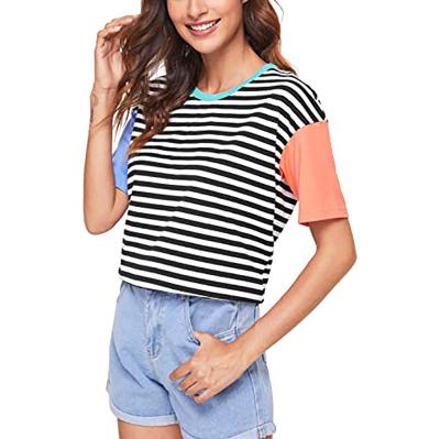 China Crinkle Resistant Fashion Striped Patchwork T Shirt With Short Sleeves Color for sale