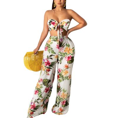 China 2021 new Anti-wrinkle lace up casual tube printed top pants two pieces summer wide leg pants set beach casual pants for sale