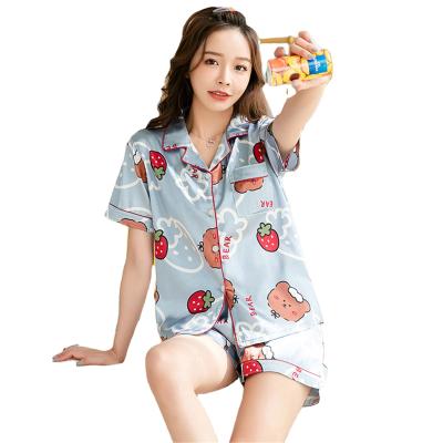 China Low price QUICK DRY satin short sleeve shorts with buttons guarantee quality silky pajamas set for women for sale