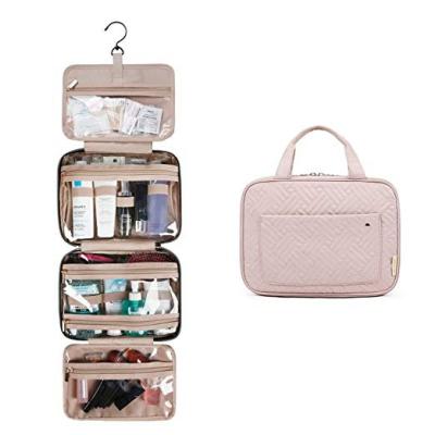 China Fashion Travel Waterproof Pink Women Leather Cosmetic Organizer Custom Hanging Toiletry Bag With Hanging Hook for sale