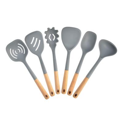 China Sustainable 6 Pieces Cooking Tools Silicone Kitchen Utensils Set With Wooden Handle for sale