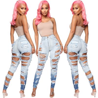 China Women Hole Gradient Stretch White Ripped Sexy Ripped Jeans QUICK DRY for sale