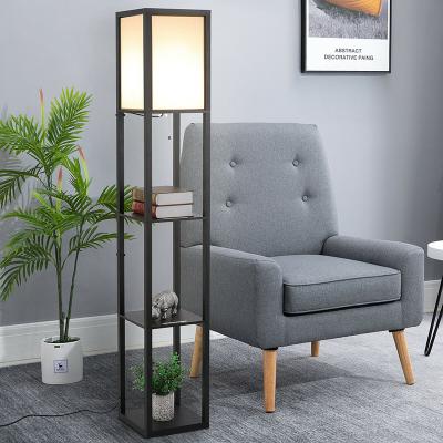 China Contemporary Hot Selling Living Room Corner Wooden Shelf Standing Floor Lamp with Shelves USB Ports and Power Outlet for sale