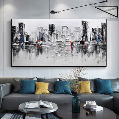 China Handmade Canvas Abstract Landscape Oil Painting 6 Color Modern Panoramic City People for sale