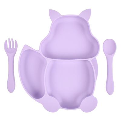 China Dishwasher Free Safe Divided Plate Microwave BPA Free Set Squirrel Kids Suction Silicone Baby Dish Animal Dish With Spoon And Fork for sale