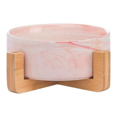 China Sohpety Customized Sublimation Sustainable Dog Bowl Dish With Wooden Rack No Puddle Pet Bowls Ceramic for sale