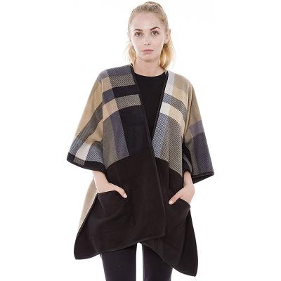 China Winter Women Plaid Elegant Oversized Soft Fleece Poncho Blanket Wrap Soft Fleece Fabric Material 100% Polyester Anti-Pull for sale