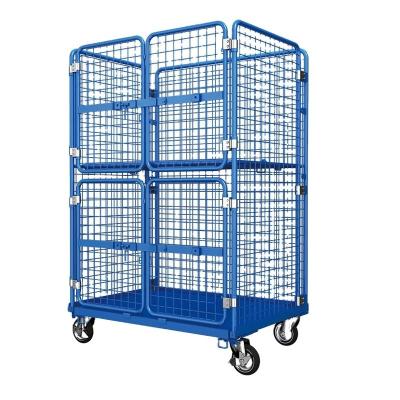 China Space Saving Warehouse Foldable 4 Sides Storage Wire Mesh Platform Base Roll Cage Cart For Sale for sale