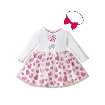 China Valentine's Day Babies Elephant Heart Breathable Mesh Princess Dress Headband Set Children Long Sleeve Knee-Length One-line Kids Dresses for sale