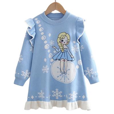 China Autumn Winter Baby Girls Knitted Elsa Princess Dress Warm Thicken Anti-Static Toddler Girls Ruffled Long Sleeve Sweater Dresses Kids Outfits for sale