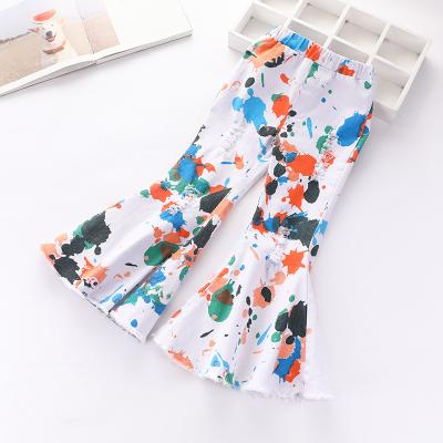 China Fashion Breathable Girls Abstract Graffiti Print Ripped Long Flared Jeans Pants Kids Casual Baby Bell-Based Denim Stretch Pants for sale