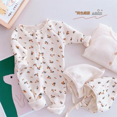 China New Spring Autumn Newborn Baby Knitted Romper LONG SLEEVE With Hat Boys Girls Floral Waffle Cotton Long Sleeving Outfit Casual Infant Clothing for sale