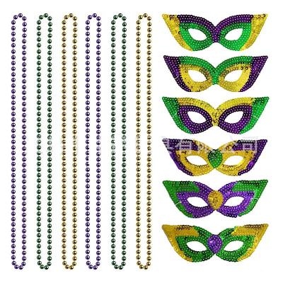 China Eye Mask Mardi Gras Carnival Sequin Mask Pearl Chain Set Necklace Sequin Cat Eye Party Mask Gold Green Purple Necklace Sets for sale