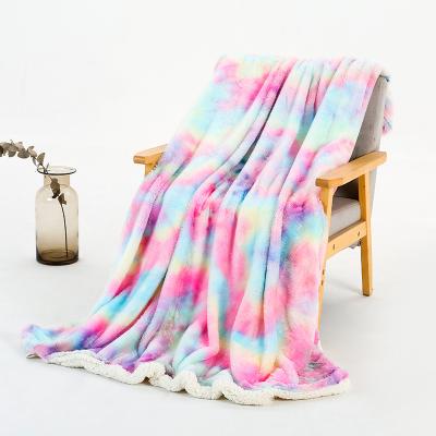 China 100% Furry Plush Flannel Sherpa Fleece Sheet Dye Tie Polyester Rainbow Doule Diaper Blanket Winter Nondisposable Sofa Couch Throw Blanket for sale