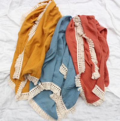 China Double Gauze Bath Towel Baby Viable Infant Blanket Cotton Muslin Newborn Photography Comforter Tassel Wrap Wrap Towel Blanket for sale