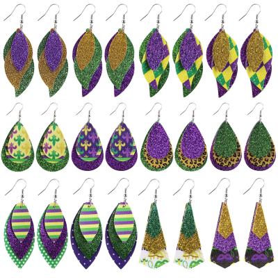 China Mardi Gras New Mardi Gras Three Layers Teardrop Earrings Carnival Colorful Leaves Trim Lattice Pattern Dangler Glitter Leather Eardrop for sale