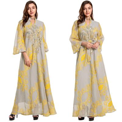 China Breathe Free Middle East Border Abaya Muslim Ethnic Women's Flower Sequin Burnt Swing Dress Large Size Evening Dress for sale