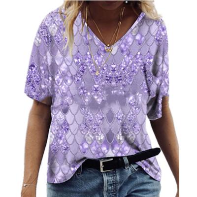 China 2022 new summer fashion QUICK DRY ladies 3D printing loose upper V-neck short sleeve pullover T-shirt for sale