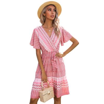 China Breathable Design V-Neck Trumpet Sleeve Bandage Casual Dresses For Summer Women Plus Size Dress Print One Line Customized Size Net Yarn for sale