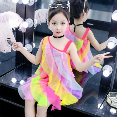 China Girls Washable Soft and Cute Rainbow Patchwork Layered Mesh Sleeveless Asymmetrical Dress for sale