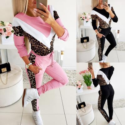 China Women's casual European and American leopard print two-piece casual round neck fashion slim autumn sports suit for sale