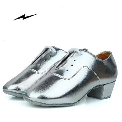 China Good Quality Professional Dancer Shoes Sliver PU Leather Soft Men's Tango Dance Shoes for sale