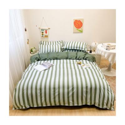 China 2022 Anti-static New 4 Piece Green Striped Pattern Luxury Bedspread Polyester Fabric Bedding Set for sale