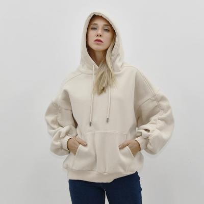 China Cheap Wholesale Anti-wrinkle drawstring women balloon sleeve plain custom white cotton hooded hoodies for sale