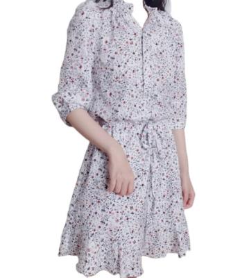 China 2022 Anti-Static New Floral Print Soft Waist Lace Up Midi Sleeve Dress Women Casual Dress for sale