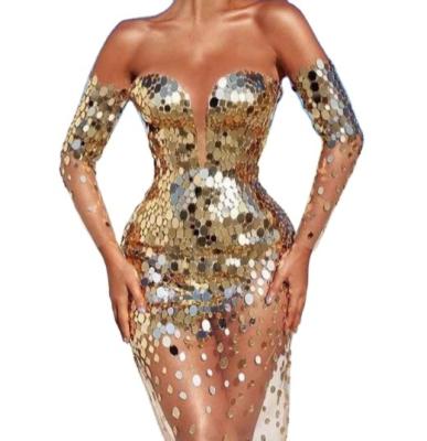 China 2022 Sexy shinning evening dress women fashion sparkle host sequins anti-static mesh strapless slim long dress for sale