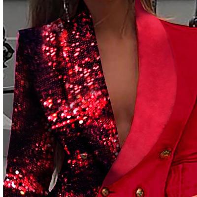 China Anti-Static Women Red V-neck Sheath Long Colorblock Sequins Double Breasted Button Closure Blazer Dress Fully Striped Cocktail Dresses for sale