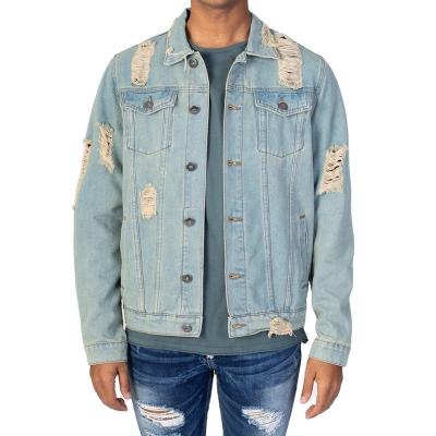 China High Quality QUICK DRY Solid Color Stand Neck Denim Ripped Distressed Style Jeans Jacket For Men for sale