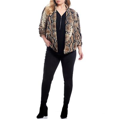 China Breathable Women Plus Size Snakeskin Print Shawl Collar Jacket Long Sleeve Blazer Open Front Blouse Coat Striped Straight Neckline Edge Top for sale