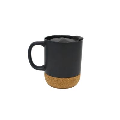 China Sustainable Cozy Style Custom Stoneware With Plastic Ceramic Cork Lid And Bottom Coffee Mugs Black for sale