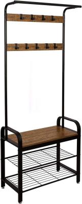 China Wooden Metal Coat Rack With Shoe Bench For Entrance Area With Hooks, 3Layers for sale