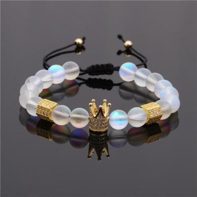 China New Eco-friendly European and American Frosted Braided Bracelet Moonstone Jewelry Micro-inlaid Zircon Pillar Hexagonal Clearance Crown Bracelet for sale