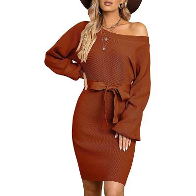 China Anti-wrinkle 2022 Spring Wholesale Autumn Ladies Off Shoulder Belted Ribbed Tie Waist Bodycon Shorts Knitted Wrap Sweater Fall Dress For Woman for sale