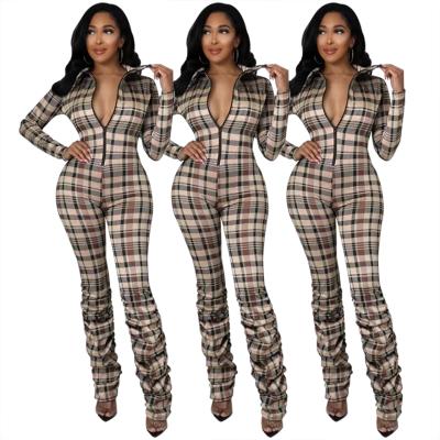 China 2022 Wholesale Anti Pilling Long Sleeve Half Zipper Up Printed Checked Stacked Turtle Neck Bodycon Chic Overalls For Women for sale