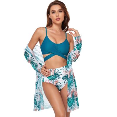 China 2022 Fashion New Floral Print Swimwear Fashionable Luxury Women Swimwear Breathable High Waist 3 Piece Bikini Set Swimsuit With Cover Ups for sale