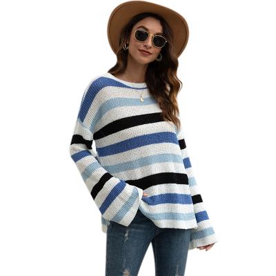 China Anti-pilling Hot Selling Rocket Sleeve Around Neck Striped Color Block Pullover Women Sweaters Casual Loose Knitted Sweaters for sale