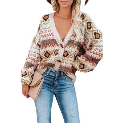 China Fat Women's Aztec Anti-Pilling Long Sleeve V-Neckline Oversize Knit Jacquard Crochet Cardigan Sweater Vintage With Button for sale