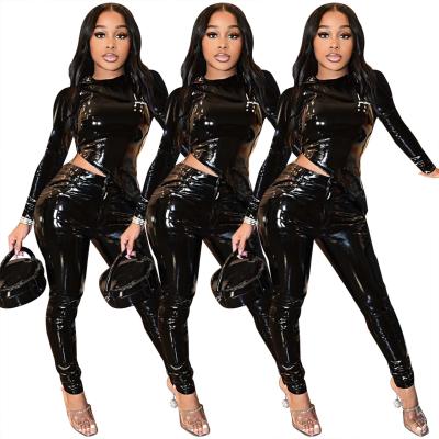 China 2022 New Arrivals High Quality Cool Black Crop Fancy QUICK DRY O Neck Top Pants Sets Unique PU Drop Set Women Leather Two Piece Clothing for sale