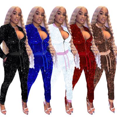 China Wholesale QUICK DRY Female Cool Two Piece Sequin Outfits 2 Piece Set Women's Sweatsuits Loungewear Sets Club Ladies Matching Tracksuit for sale