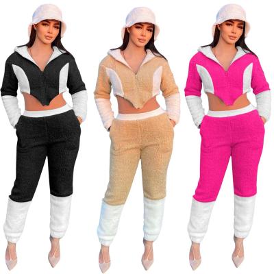 China 2022 QUICK DRY New Velvet Crop Two Piece Zipper Sweatshirt And Jogger Pants Top Thin Outfits Color Block Hoodie Winter 2 Piece Sets For Women for sale