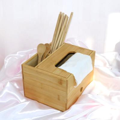 China Custom Sustainable Multifunctional Natural Bamboo Wooden Tissue Paper Box With Drawer for sale