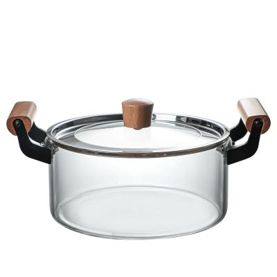 China 3.5L 4.5L Disposable Heat Resistant Borosilicate Glass Cooking Pot with Beech Wood Handle for sale