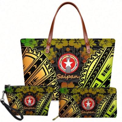 China High Quality Fashion Arrive Hibiscus Polynesian Hawaiian Polynesian Tribal Print Handbags Large Tote Soft Match Long Zipper PU Leather Women Bags for sale