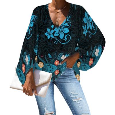 China Breathable Women Shirts Long Sleeve Ladies Polynesian Style Blue Hibiscus Print Woman Shirts And Blouses Casual Custom Women Clothing for sale