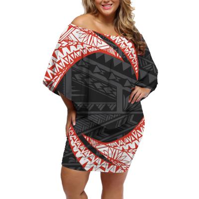 China Polynesian Red Women's Shoulder Pattern Casual Women's Bodycon Party Mini Dress Vintage Ruffle Off Tattoo Breathable Dresses for sale